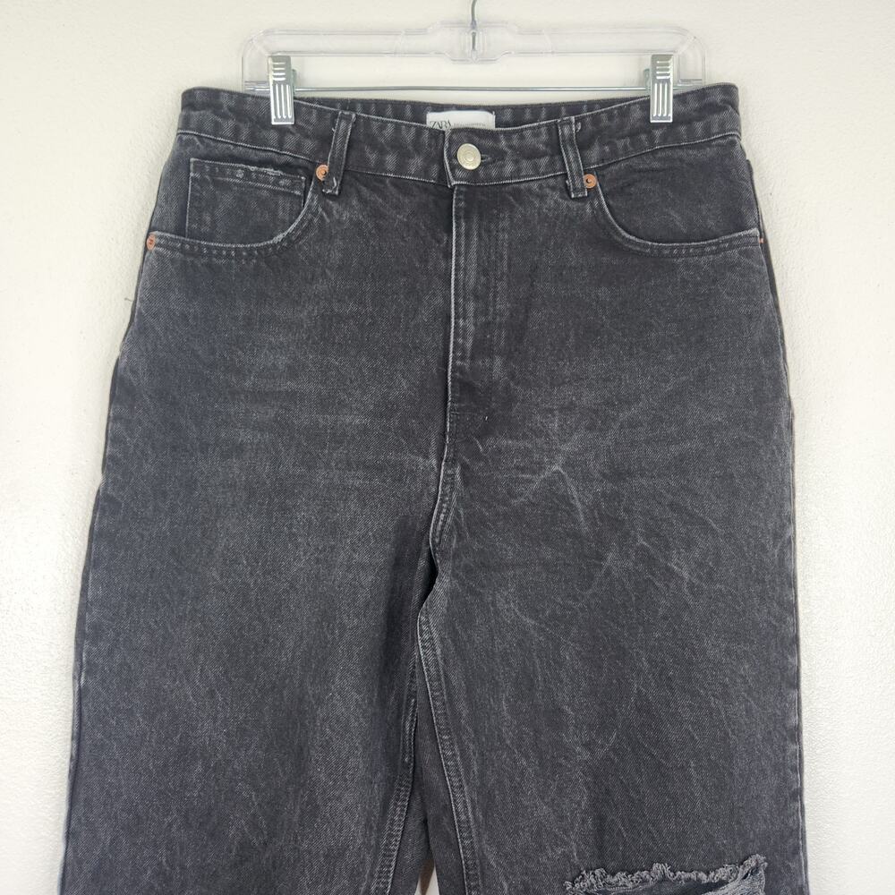 Zara Black Denim Wide Leg Open Knee Cropped Jeans Women's 12 Streetwear Academia - Picture 2 of 12